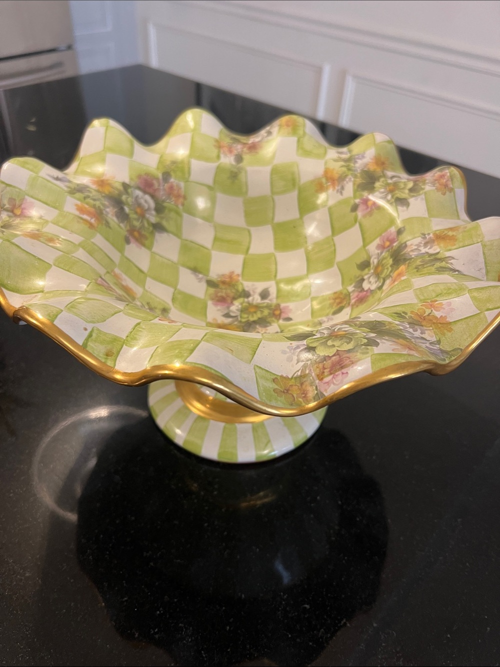 MacKenzie-Childs Lime Checkered Floral Pedestal Bowl with Gold Trim ( vintage )